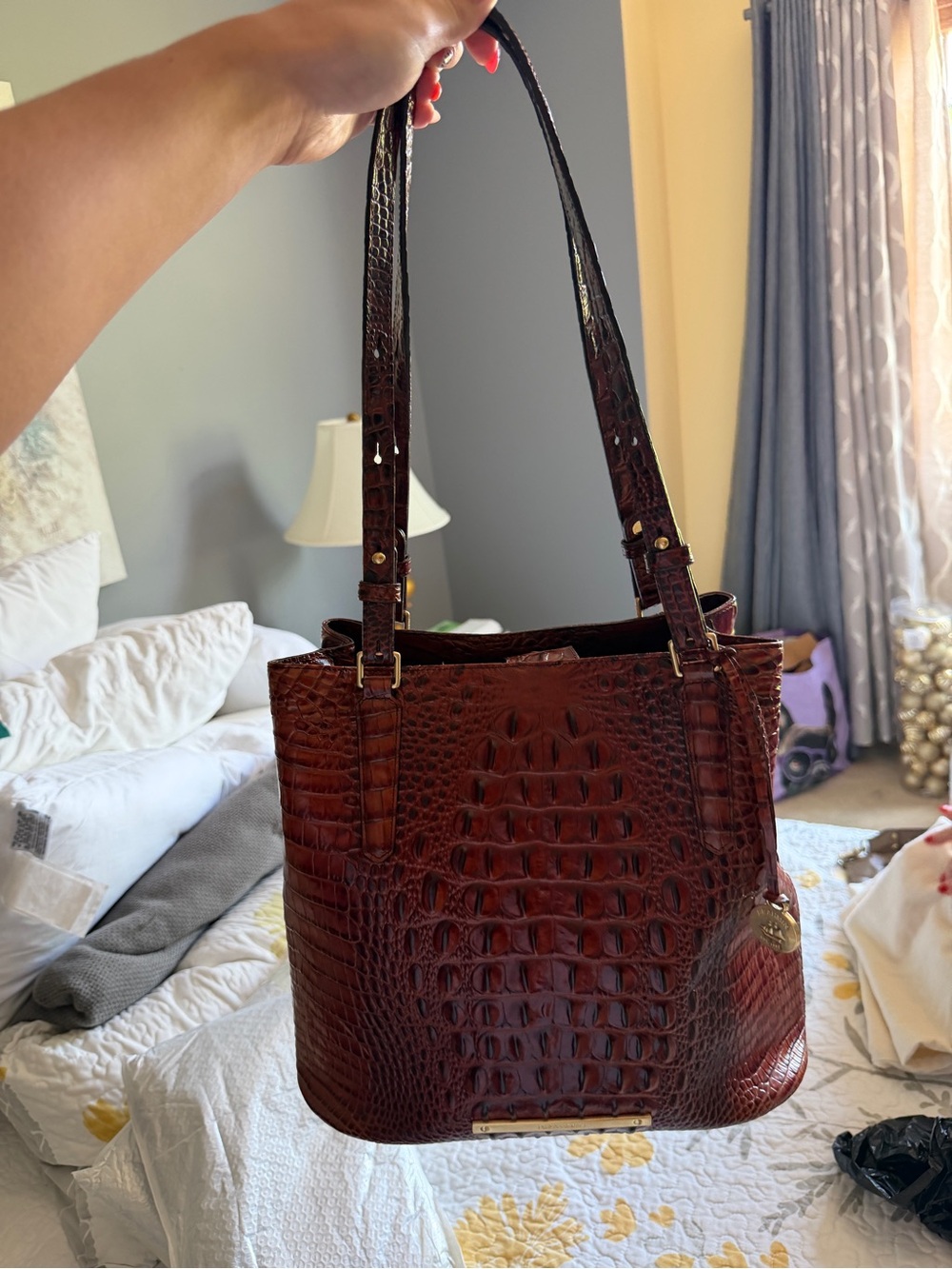 Brahmin Croc-Embossed Shoulder Tote in Dark Brown